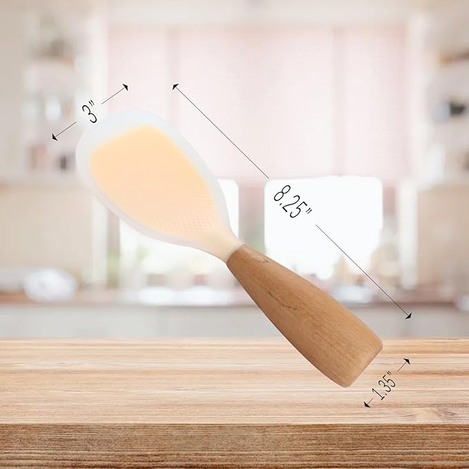2 Pack Silicone Rice Paddle Spoon with Wood Handle, Nonstick Standing Rice Cooker Spatula Kitchen Tool, Clear