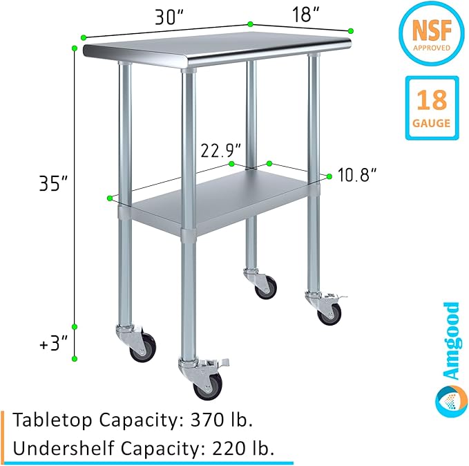AmGood 30" Long x 18" Deep Stainless Steel Table with Casters