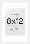 Homeforia 8x12 Picture Frame White, High End Oak 8 x 12 Wood Frames with Mat 6 by 8 Print, 8by12 Wooden Frame Matted to 6x8 inch Photo, 12x8 Wall or Tabletop Frames, Tempered Glass, Wall Kit, Set of 1