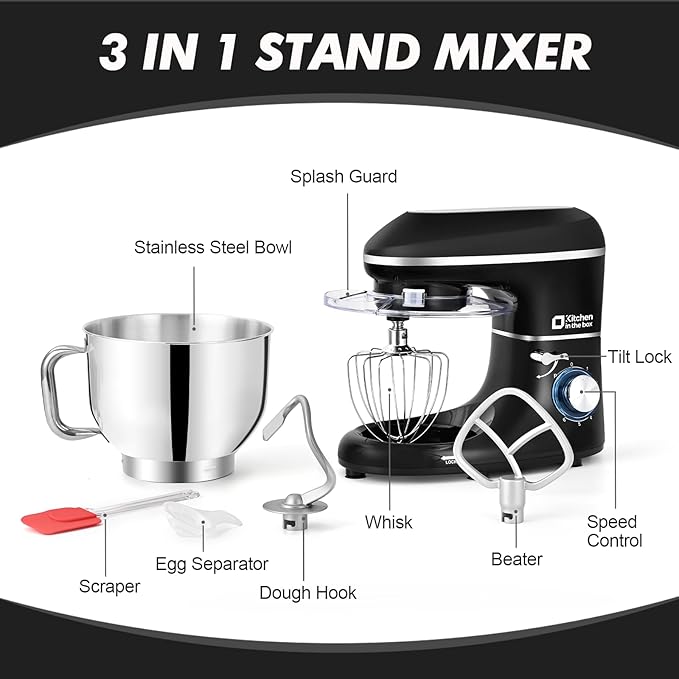 Kitchen in the box Stand Mixer, 6.5QT 660W Kitchen Electric Mixer, 6-Speed Tilt-Head Food Mixer with Dough Hook, Wire Whip and Beater (Black)