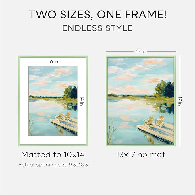 Homeforia 13x17 Picture Frame Sage Green, High End Metal 13x17 Poster Frames with Mat 10x14 Photo, 13 x 17 Sage Green Frame Matted to 10 by 14 Art, 17x13 Thin Frame, Tempered Glass, Wall Kit, Set of 1