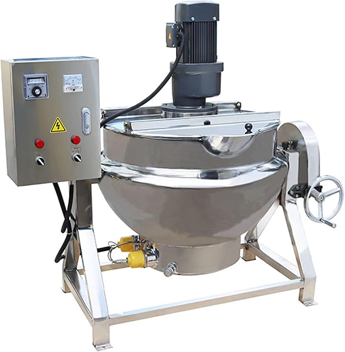 Jacketed Kettle 13.2Gallon/50L Sandwich Pot Large Electronic Tilting Sugar Jam Gas Boiling Machine Commercial Electric Jacketed Pot with Stirring and Edge Scraping 220V Three-phase 750W