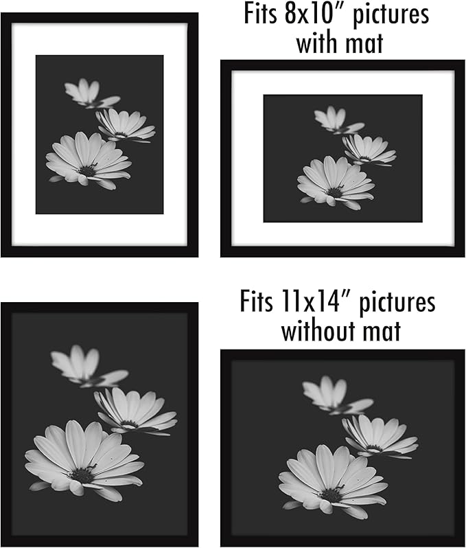 Americanflat 11x14 Picture Frame with Polished Plexiglass - Set of 5 - Use as 8x10 Frame with Mat or Display 11x14 Photo Without Mat - Galleria Collection - Picture Frames for Wall Display - Black
