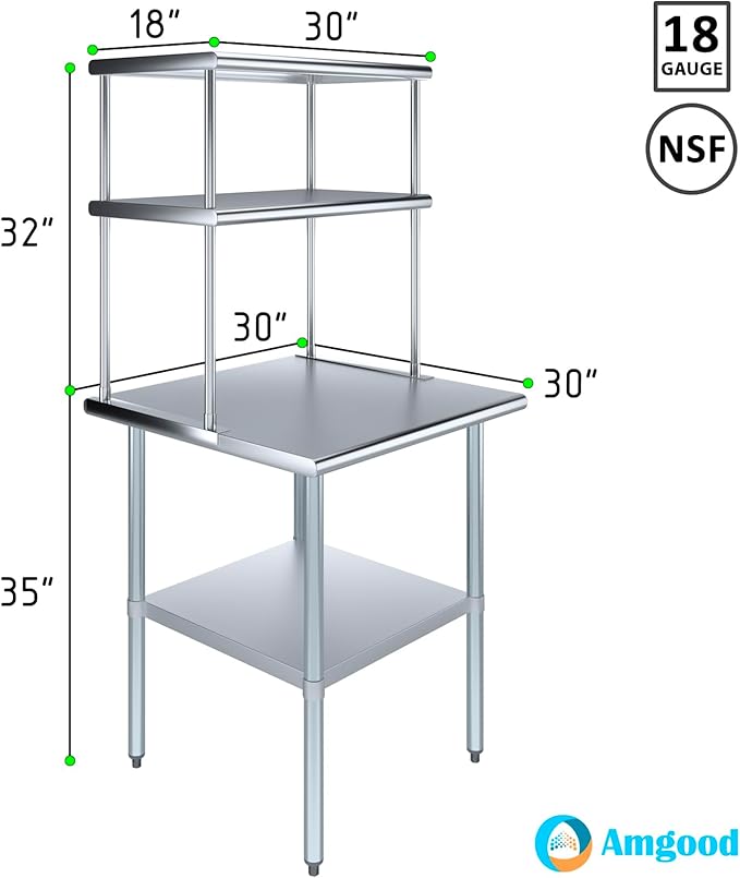 Amgood Stainless Steel Work Table Double Tier Overshelf | Metal Kitchen Prep Table & Shelving Combo (30" x 30" Work Table + 18" Overshelf)