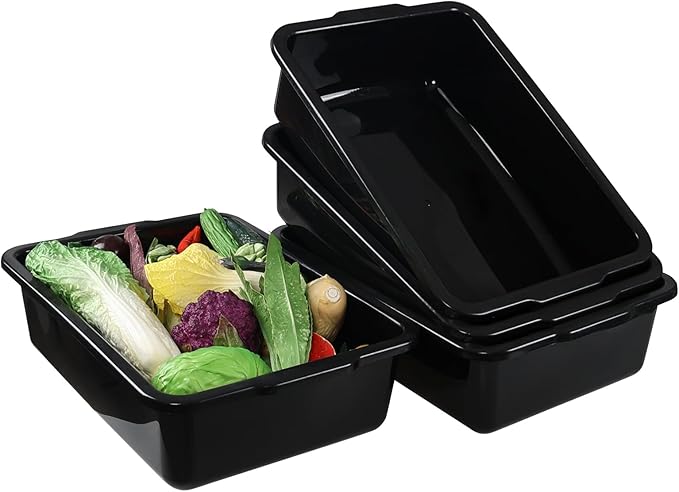 4-Pack 32 L Commercial Bus Tub, Rectangular Plastic Wash Basin Tub, Black