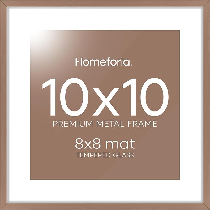 Homeforia 10x10 Mocha Picture Frame, High End Metal 10 by 10 Square Frames with Mat 8 x 8 Opening, 10by10 Poster Frames Matted to 8x8 Photo, Wall or Tabletop Frames, Tempered Glass, Wall Kit, Set of 1