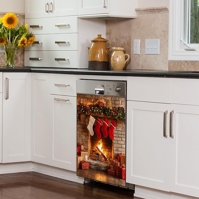 Christmas Fireplace Dishwasher Magnet Cover for The Front Dishwasher Door Cover Panel Decals Magnetic Refrigerator Cover for Kitchen Farmhouse Home Decor（23 X 26 in）