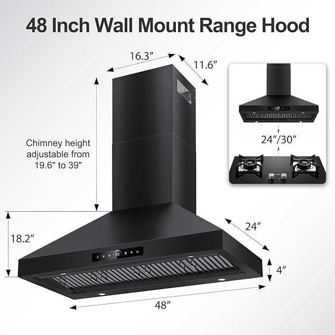 48 inch Range Hood Wall Mount, 1500 CFM with 4-Speed Gesture Sensing & Touch Control, Stainless Steel Ducted Kitchen Stove Vent Hoods with 4 LED Lights, Time Setting, Dishwasher-Safe Baffle Filters