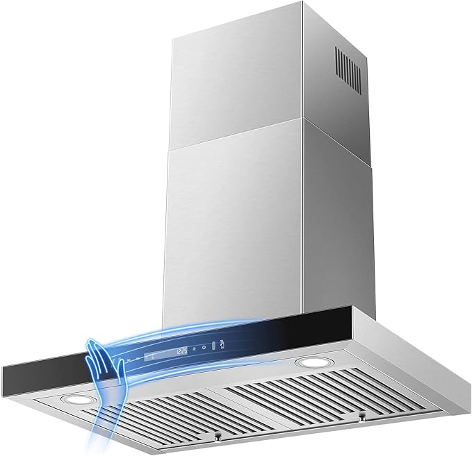 Wall Mount Range Hood 30 inch 600 CFM T Shape with Gesture & Touch Control, Kitchen Vent Hood Ducted/Ductless Convertible, Exhaust Fan 3-speed Stove Hood, Baffle Grease Filter, Stainless Steel