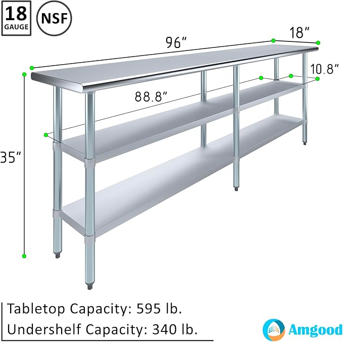 AmGood Stainless Steel Work Table with 2 Shelves | NSF | Metal Utility Table (96" Long x 18" Deep)