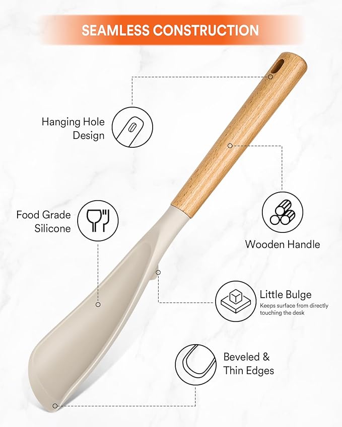 Cooking Spoon for Nonstick Cookwares, Great for Cooking and Serving Sturdy BPA-Free Matte Silicone, Wood Handle Spoon for Mixing, Scoop, and Scrape (KHAKI, 13.4 inch)