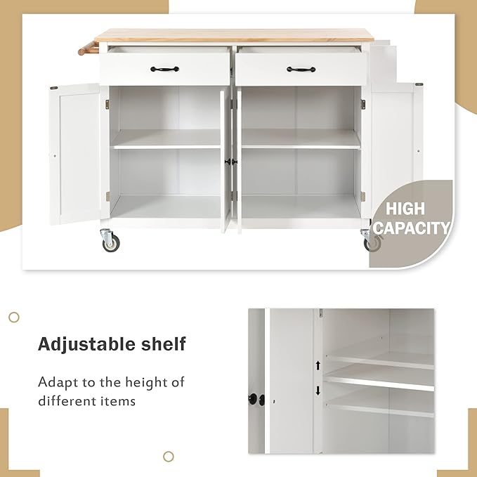 Favfurish Kitchen Island Cart on Locking Wheels with 4 Cabinet and 2 Drawers, Rolling Coffee Bar Trolley w/Solid Wood Tabletop, Adjustable Shelves, Spice & Towel Side Rack, for Dining Room, White