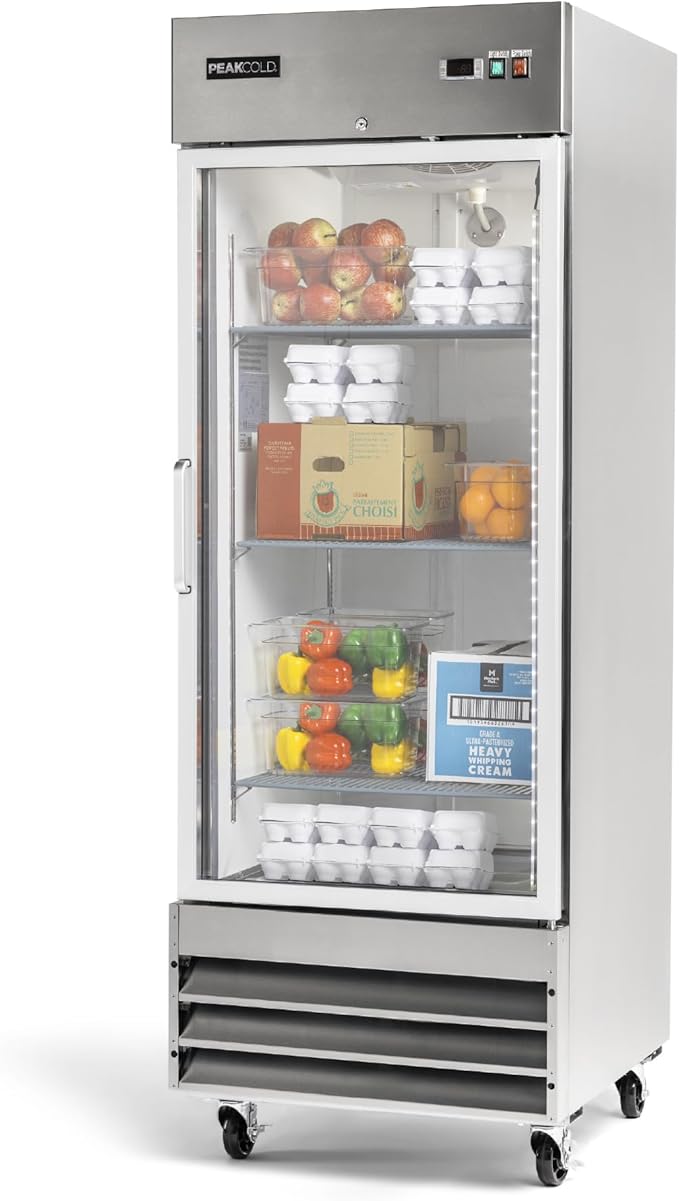 PEAKCOLD Single Glass Door Commercial Refrigerator - 23 Cubic Ft, 29" Wide Stainless Steel Reach-In Commercial Refrigerator with White Internal Lighting - Freestanding Industrial Fridge