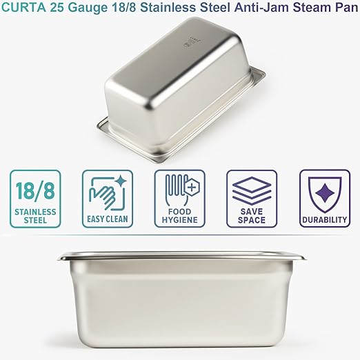 CURTA 6 Pack Anti-Jam Hotel Pans, 1/4 Size 4 Inch Deep, NSF Commercial 18/8 Stainless Steel Chafing Steam Table Pan, Catering Storage Metal Food Pan