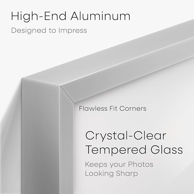 Homeforia A4 Picture Frame Silver, High End Metal 8.3 x 11.7 inch Silver Poster Frames with Mat 5.8 by 8.3 Art, A4 Frame Matted to A5 Photo, 8.3x11.7 Wall or Tabletop Frames, Tempered Glass, Set of 1