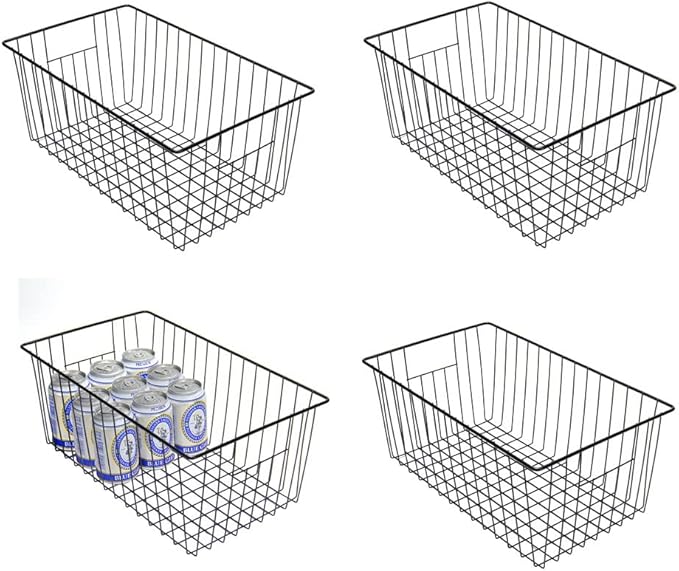 16inch Freezer Wire Storage Organizer Baskets, Household Refrigerator Bin with Built-in Handles for Cabinet, Pantry, Closet, Bedroom Black,4pack