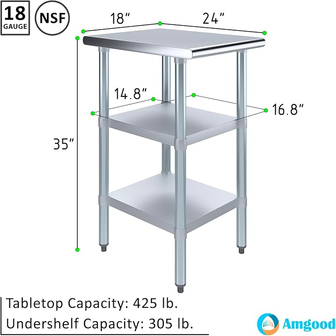 AmGood Stainless Steel Work Table with 2 Shelves | NSF | Metal Utility Table (18" Long x 24" Deep)