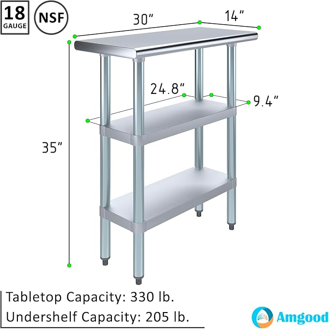 AmGood Stainless Steel Work Table with 2 Shelves | NSF | Metal Utility Table (30" Long x 14" Deep)