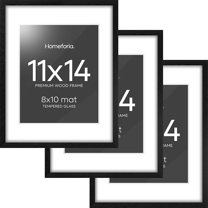 Homeforia 11x14 Picture Frame Black Wood, High End Oak 11x14 Poster Frames with Mat 8x10, 11 x 14 Wooden Frame Matted to 8 x 10 inch Photo, 14x11 Thin Hanging Frame, Tempered Glass, Wall Kit, Set of 3