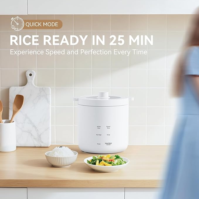Rice Cooker 2 Cup Uncooked, Mini Rice Cooker Small Electric Cooker with 4 Cooking Functions, 24 Hour Preset, Heat Preservation, Non-Stick Ceramic Coating for 1-2 People