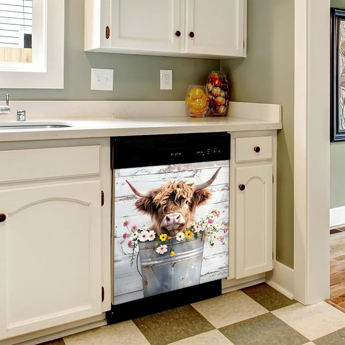 cfpolar Dishwasher Magnet Cover for The Front Dishwasher Door Cover Panel Decals Flower Cute Highland Cow Magnetic Refrigerator Cover for Kitchen Farmhouse Home Decor（23 X 26 in）