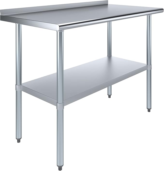 AmGood 48" Long x 24" Deep Stainless Steel Work Table with 1.5" Backsplash | Metal Kitchen Food Prep Table | NSF