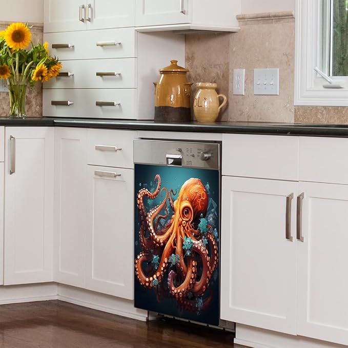 Dishwasher Magnet Cover Ocean Sea Octopus Reusable Dishwasher Magnetic Cover Sticker Decorative Dish Washer Door Cover Panel for Home Kitcen Appliance