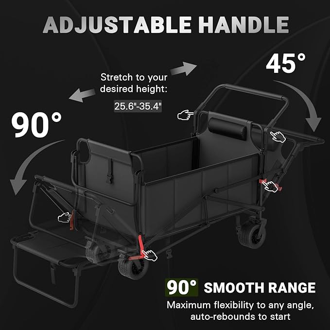 LEVELEVE Heavy Duty Folding Wagon - 2-in-1 Collapsible Cart, 650lb Capacity, All-Terrain Wheels w/Brakes & Side Pockets (Dark Gery)