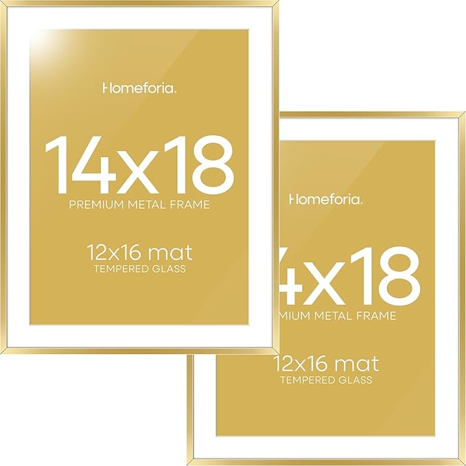 Homeforia 14x18 Picture Frame Gold, High End Metal 14x18 Poster Frames with Mat 12x16 Photo, 14 x 18 Gold Frame Matted to 12 by 16 Print, 18by14 Thin Hanging Frames, Tempered Glass, Wall Kit, Set of 2