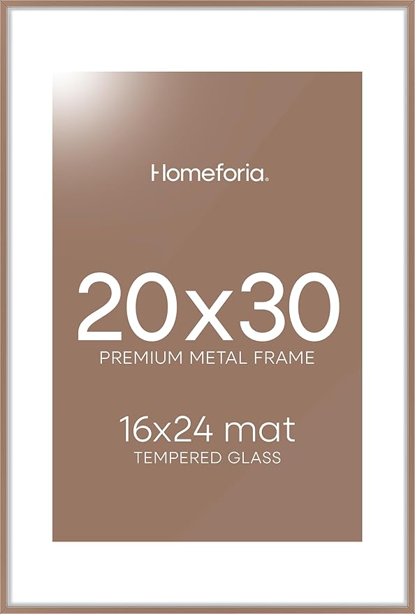 Homeforia 20x30 Poster Frame Mocha, High End Metal 20 x 30 Picture Frames with Mat 16 by 24 inch Photo, 30x20 Large Frame for Wall, 20x30 Thin Frame Matted to 16x24, Tempered Glass, Wall Kit, Set of 1