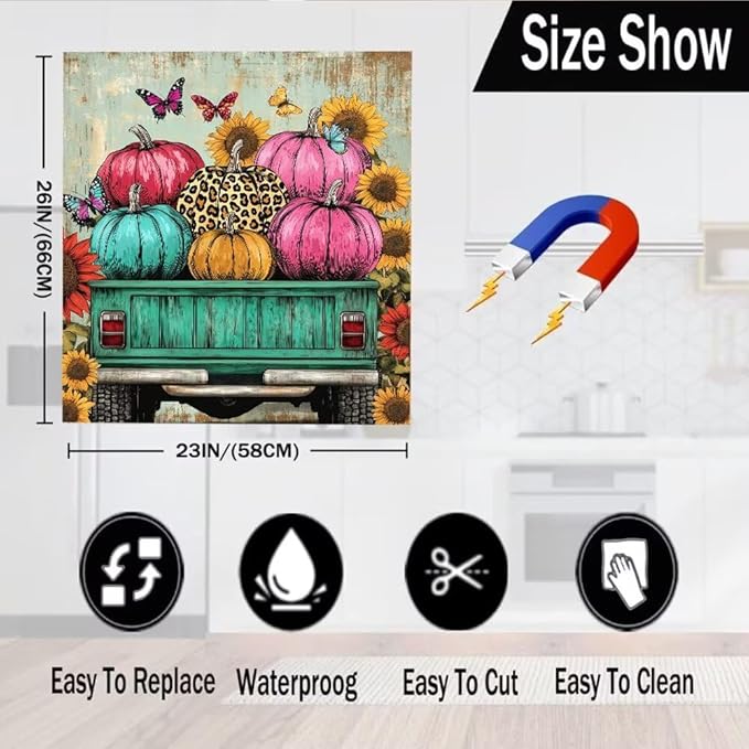 Fall Pumpkin Truck Magnetic Dishwasher Cover Vinyl Sticker,Farm Harvest Sunflowers Dishwasher Magnet Cover, Rustic Barn Fridge Door Cover Magnets Art Skin Panel Decal for Home Decor, 23"X26"