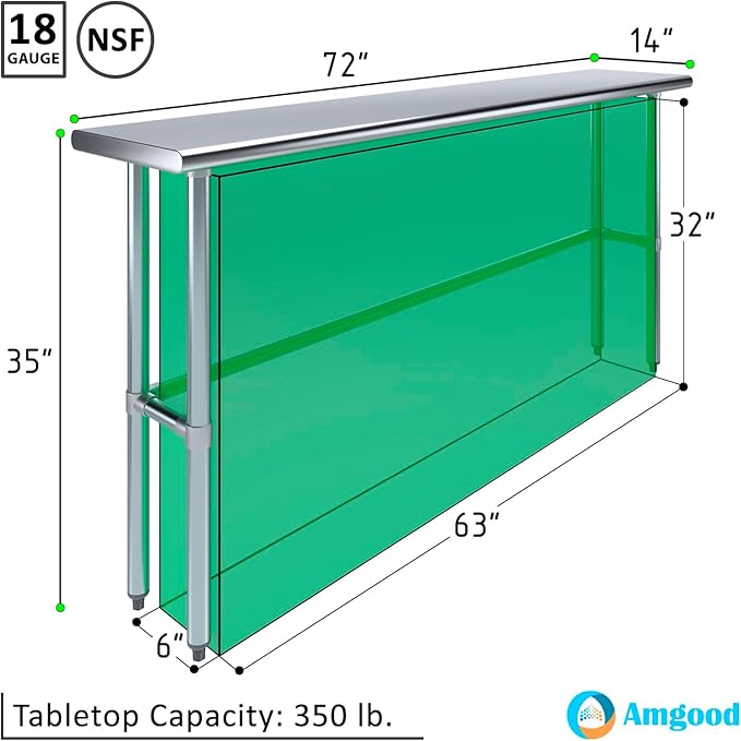 AmGood Stainless Steel Work Table Open Base | NSF Kitchen Island Food Prep | Laundry Garage Utility Bench (72" Long X 14" Deep)