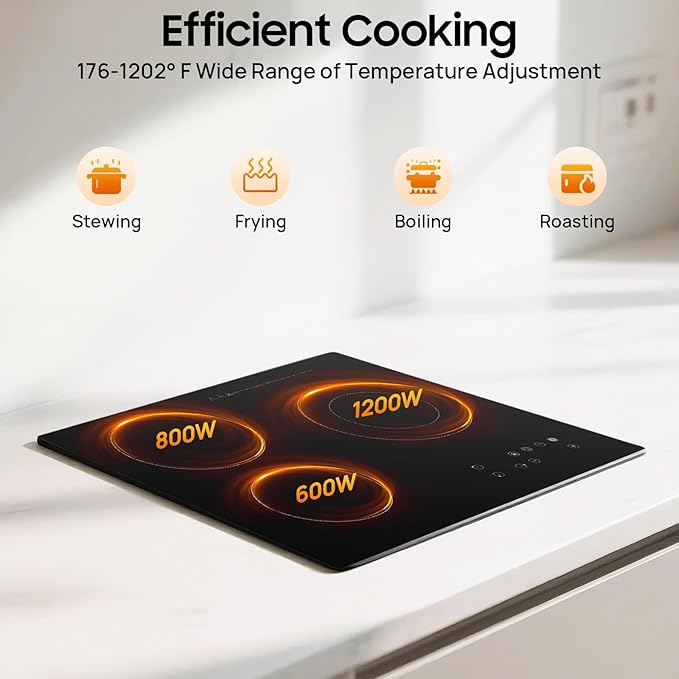 24" Electric Cooktop, 3 Burner Built-In Ceramic Stove Top With Led Display Screen, 9 Heating Levels & Touch-Adjustable Control, 2600W Radiant Electric Cook Top For Kitchen Office Hotel Restaurant Etc