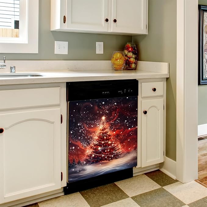 Glitter Christmas Tree Dishwasher Magnet Cover, 23" W x 26" H Fridge Magnetic Stickers Reuseable Magnet Panel Decal Cover for Washing Machine Fridge Microwave Cabinet Kitchen Christmas Decoration