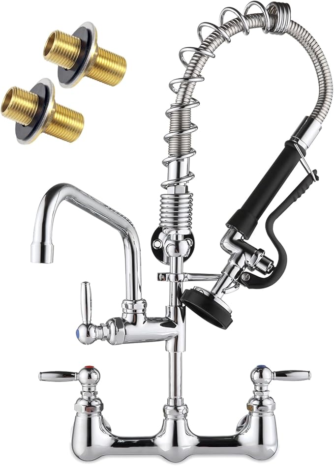 Commercial Sink Faucet with Sprayer 8" Center Wall Mount Kitchen Sink Faucet with 8” Swing Spout 18" Hose Commercial Kitchen Faucet 20" Height Pull Down Spray for Restaurant, Industrial