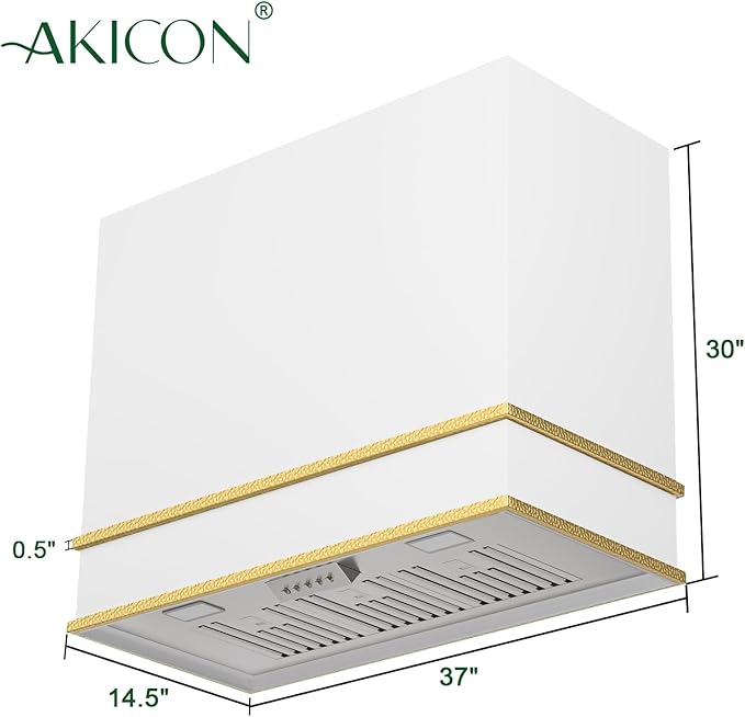 Akicon Range Hood 36 Inch, Stainless Steel Ducted Kitchen Hood with Powerful Motor, Wall Mount Modern Box, 36W X 30H X 14D Inch, AK-HS36HA-SWG (Signal White with Gold)