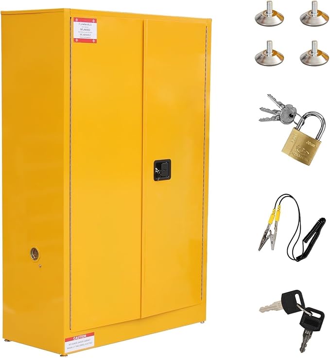 45 Gal Flammable Safety Cabinet, 43" x 18" x 65" Galvanized Steel Industrial Flammable Liquid Storage Cabinet with Adjustable Shelves, Fireproof Double-Wall Design, Manual Close Doors
