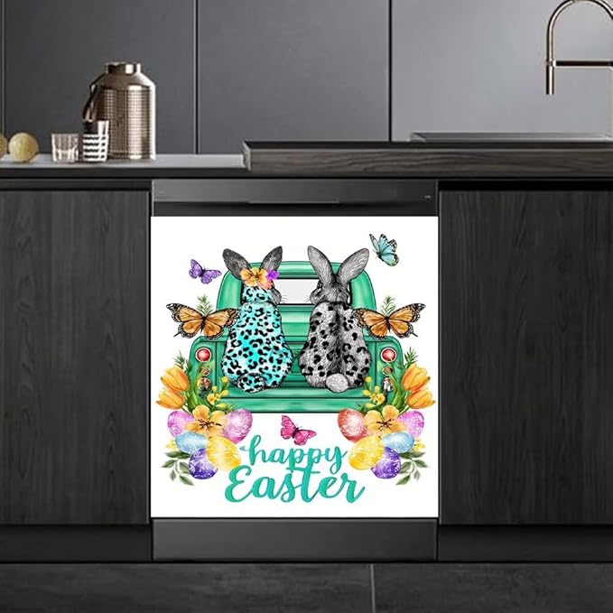 Happy Easter White Magnetic Dishwasher Cover Vinyl Sticker, Farm Bunnies Floral Dishwasher Magnet Cover, Easter Eggs Fridge Barn Door Cover Magnets Art Skin Panel Decal for Home Decor, 23"X26"