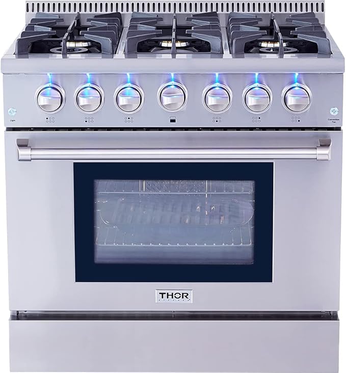 THOR Kitchen Freestanding Professional 36-Inch Gas Range with Blue Porcelain Oven Interior In Stainless Steel - Model HRG3618U