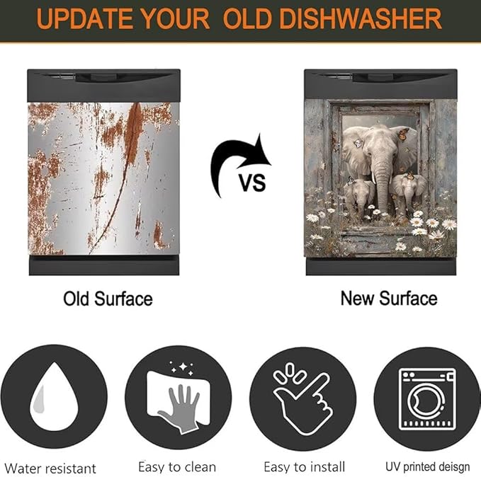 Elephant Dishwasher Magnet Cover - Kithcen Decorative Dishwasher Cover Front Door Panel Decal, Farm Wood Flower Refrigerator Magnet Fridge Sticker, Elephant Gifts for Women, 23x17 Inch
