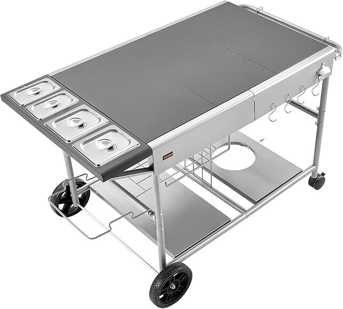 VEVOR Outdoor Grill Cart, 36.4 x 23.4 x 1 inch Tabletop Size Grilling Table, Movable Outdoor Cooking Table with 4 Spice Containers, Wheels, Lids, Hooks, BBQ Prep Tables for Picnic, Kitchen, Courtyard