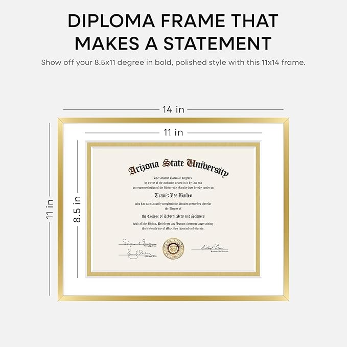 Homeforia 11x14 Diploma Frame Gold, High End Metal 11 x 14 Certificate Frames with Mat 8.5 x 11 inch, 14x11 Document Frame Matted to 8.5x11, Gold Award Degree Frame, Tempered Glass, Wall Kit, Set of 1