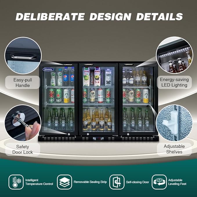 Back Bar Cooler - 480 Can Capacity Beverage Refrigerators, 3 Hinged Glass Doors, LED Lighting, Adjustable Shelves, Safety Door Lock, Perfect for Bars, Restaurants & Home