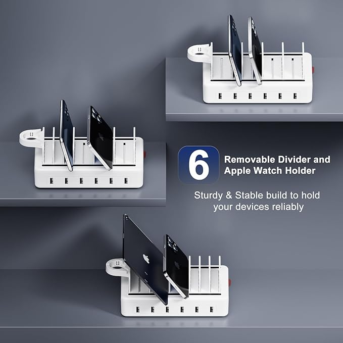 Charging Station for Multiple Devices, 6 Port 50W Fast Multi Charger Station Charging Dock with 6 Mixed Charging Cables for iPhone, iPad, Kindle, Tablet, Cellphone and Others