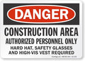 SmartSign - S-8968-AL-14 "Danger - Construction Area, Authorized Personnel Only" Sign | 10" x 14" Aluminum Black/Red on White