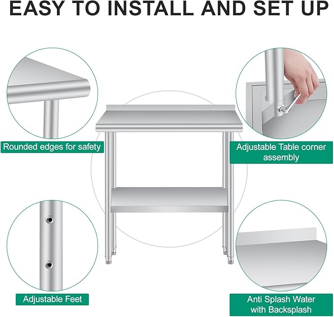 Stainless Steel Prep Table, 30 x 24 Inches, with Backsplash, Adjustable Undershelf, Commercial Heavy Duty Table with Adjustable Under Shelf for Outdoor Use,Restaurants,Hotels,Works