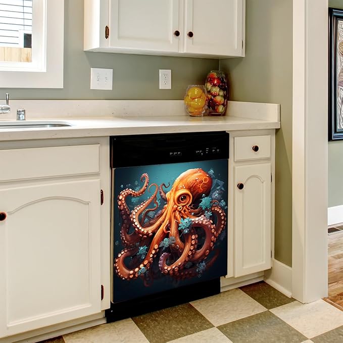 Dishwasher Magnet Cover Ocean Sea Octopus Reusable Dishwasher Magnetic Cover Sticker Decorative Dish Washer Door Cover Panel for Home Kitcen Appliance