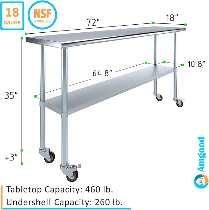 AmGood 72" Long x 18" Deep Stainless Steel Table with Casters