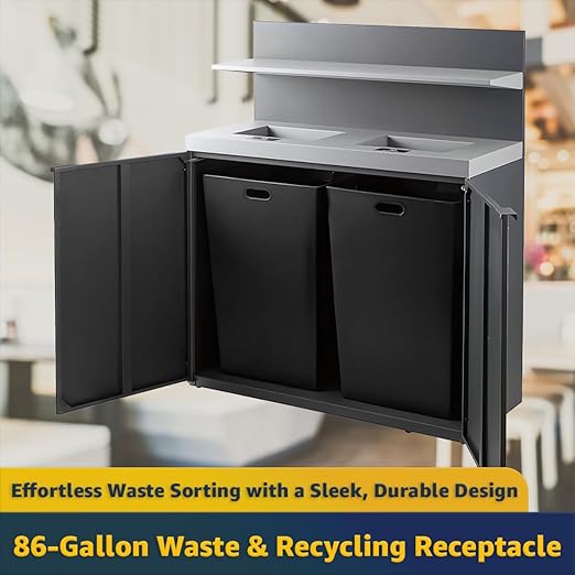 2-Stream Dark Gray Steel Garbage Recycling Station with Tray Holder 86 Gallon for Kitchen, Commercial Decorative Compost Bin