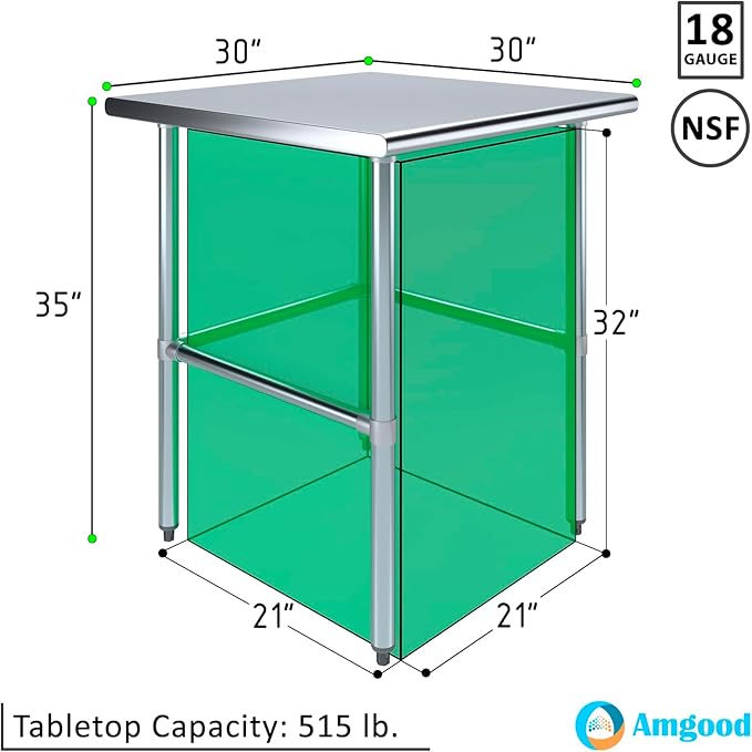 AmGood Stainless Steel Work Table Open Base | NSF Kitchen Island Food Prep | Laundry Garage Utility Bench (30" Long X 30" Deep)